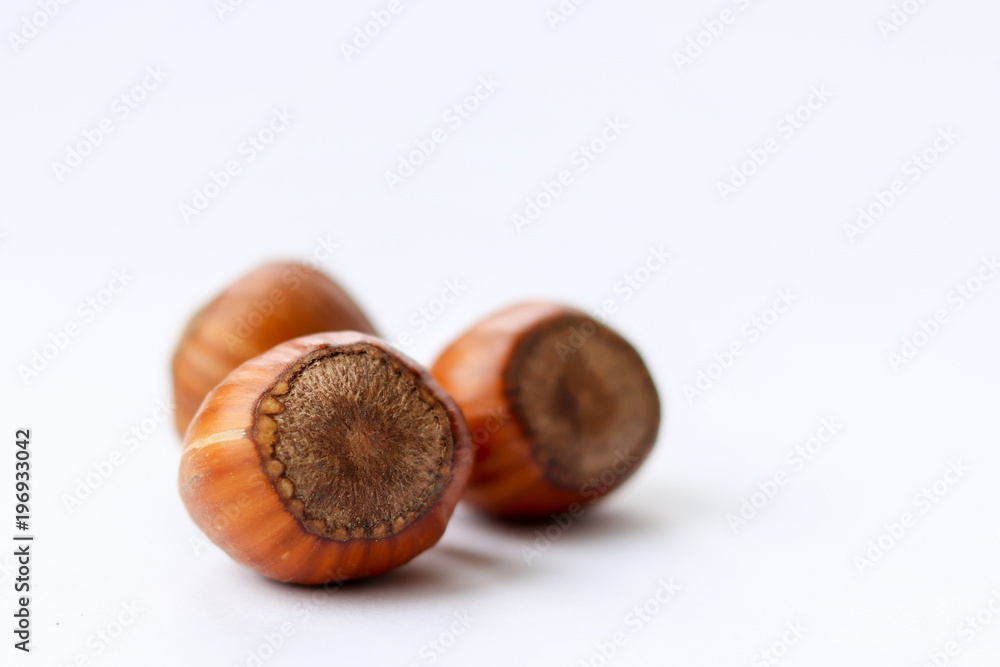 Group of three huzelnuts isolated on white background, close-up Group of three huzelnuts isolated on white background, close-up