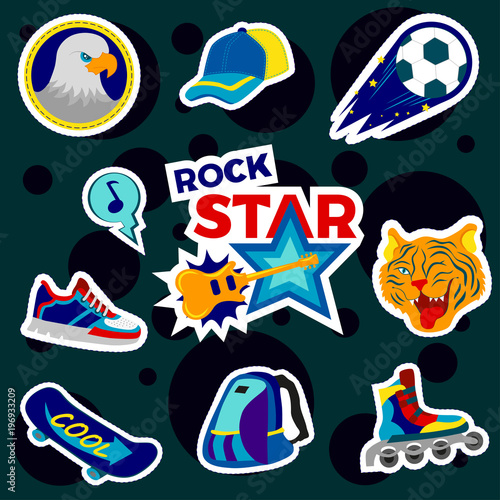 Fashion patch badges with backpack, rollers, ball, baseball cap, board, skateboard and other. Very large set of boyish stickers, patches in cartoon isolated.Trendy patch for backpacks, things, clothes