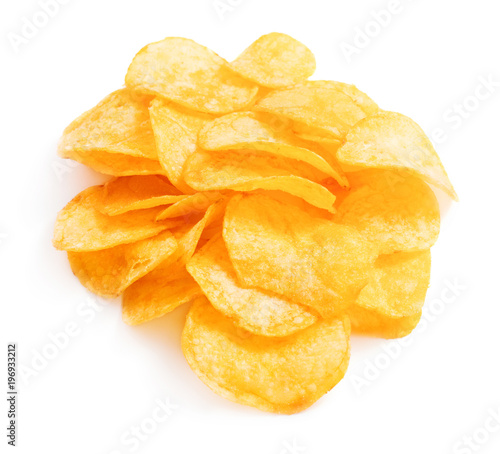 heap of ready to eat potato chips isolated on white background