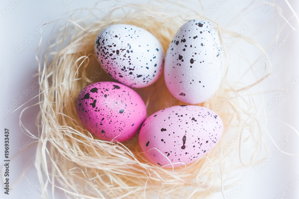 Close up view of colorful white and pink freckled Easter eggs in straw nest on white background, Happy Easter background
