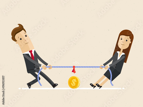 Businessman and businesswoman are unplugging the power cable above the precipice. Competition of colleagues