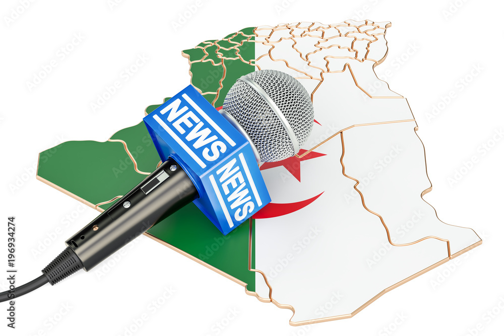 Algerian News concept, microphone news on the map of Algeria. 3D