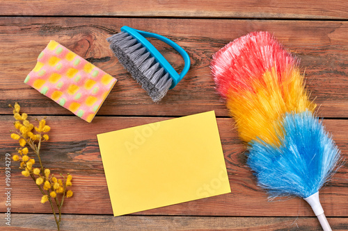 Set of tools for spring house cleaning. Twig of pussy willow with flowering bud and equipment for cleaning. Empty card for text. Time for cleaning.