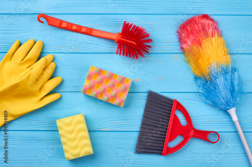 Various cleaning supplies, housekeeping background Stock Photo by ©Milkos  188497298