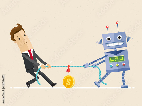 Businessman fighting with robot in the tug of war competition. Cartoon character in flat design. Vector Illustration.