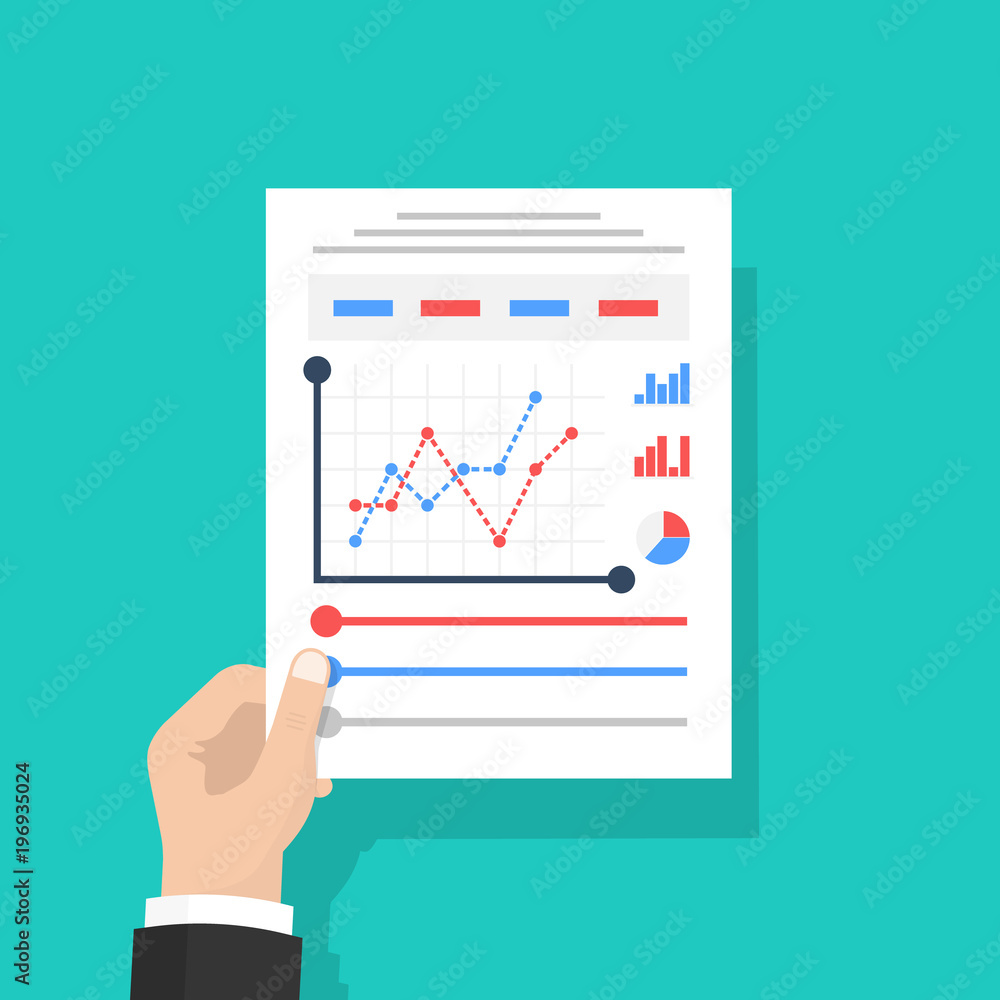 Businessman hold in hand Document with charts and graphs business reports. Isolated on background. Paperwork concept. Analyze graph and Data, project management. Vector illustration flat design. Businessman hold in hand Document with charts and graphs business reports. Isolated on background. Paperwork concept. Analyze graph and Data, project management. Vector illustration flat design.