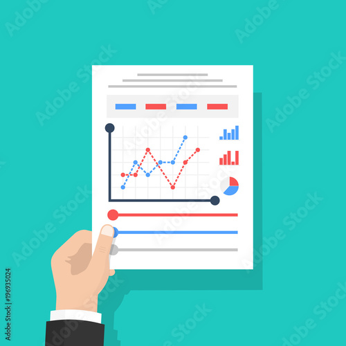Businessman hold in hand Document with charts and graphs business reports. Isolated on background. Paperwork concept. Analyze graph and Data, project management. Vector illustration flat design.