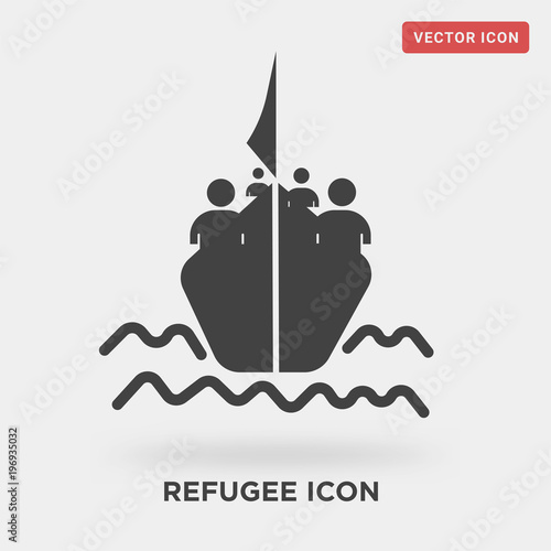 refugee icon on grey background, in black, consequences of war, vector icon illustration