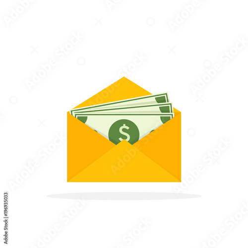Envelope with money. Open envelope with dollars. Vector illustration in flat style. Sending, receiving, rewarding. Financial gift. Cash icon.