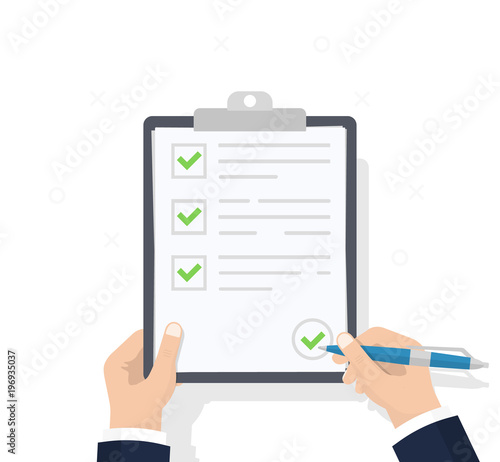 Businessman hands holding clipboard checklist with pen. Checklist, complete tasks, to-do list, survey, exam concepts. Best quality. Flat illustration of clipboard with checklist icon for web. Vector.