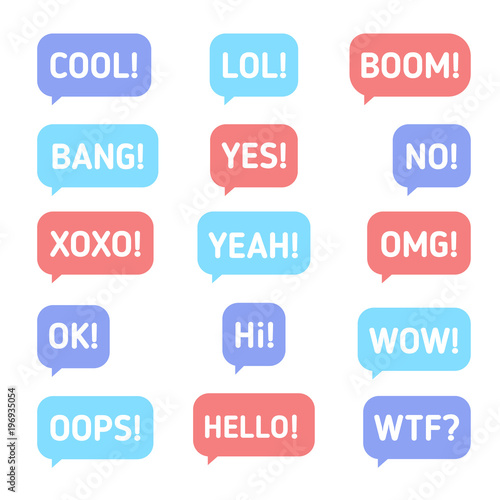 Sms message cool, lol, boom, bang, yes, no, xoxo, yeah, omg, ok, hi, wow, oops, hello, wtf. Word in speech bubble.