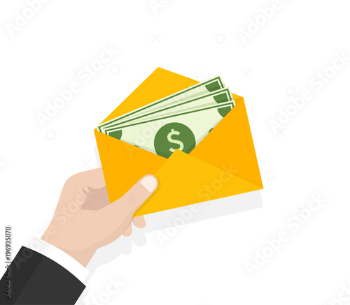 Envelope with money. Open envelope with dollars. Vector illustration in flat style. Sending, receiving, rewarding. Financial gift. Cash icon.