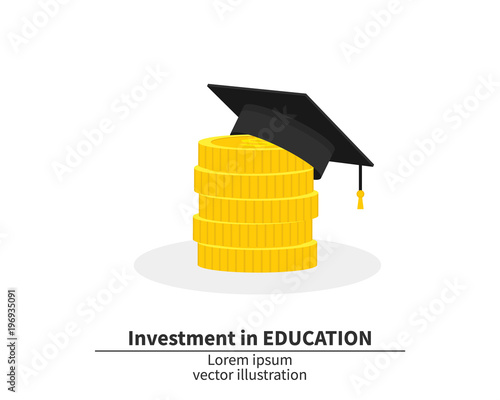 Graduation cap on pile of money and coins. oncept of education costs. Spending education money investment flat. Study cash. Tuition fees. Tax. Pay. Vector illustration.