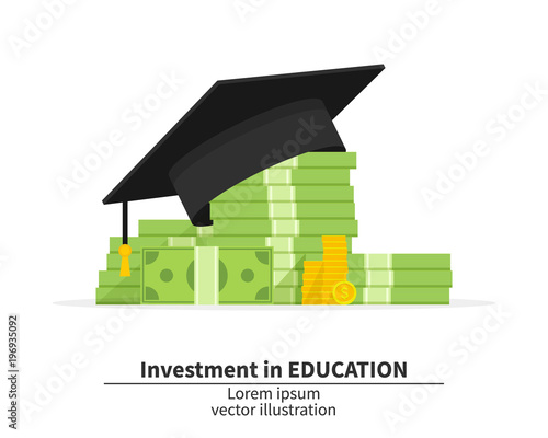 Graduation cap on pile of money and coins. oncept of education costs. Spending education money investment flat. Study cash. Tuition fees. Tax. Pay. Vector illustration.