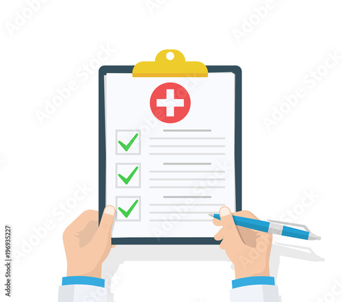 Doctor hold clipboard and takes notes on it. Medical report. Checklist. Flat design, vector illustration on background. Best quality.