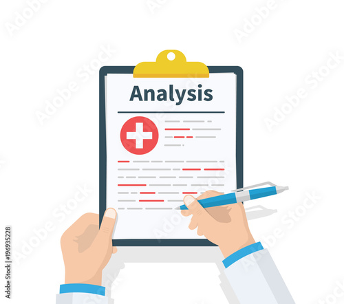 Doctor hold clipboard Analysis and takes notes on it. Medical report. Checklist. Flat design, vector illustration on background. Best quality.