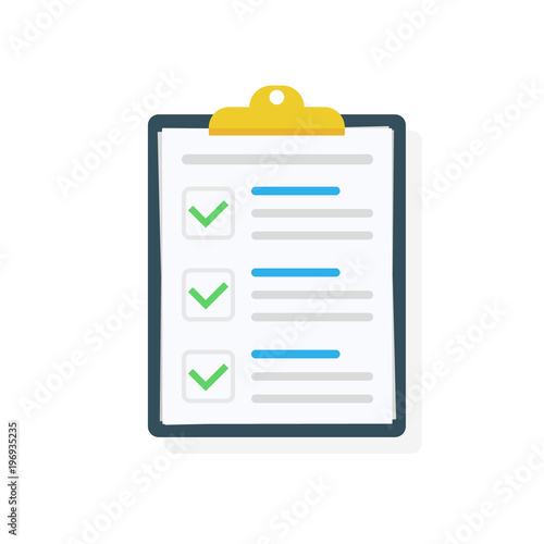 Clipboard with checklist icon. Checklist complete tasks, to-do list, survey, exam concepts. Best quality. Flat illustration of clipboard with checklist icon for web. Vector. photo