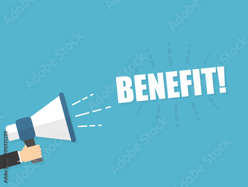 Male hand holding megaphone with Benefit speech bubble. Loudspeaker. Banner for business, marketing and advertising. Vector illustration.