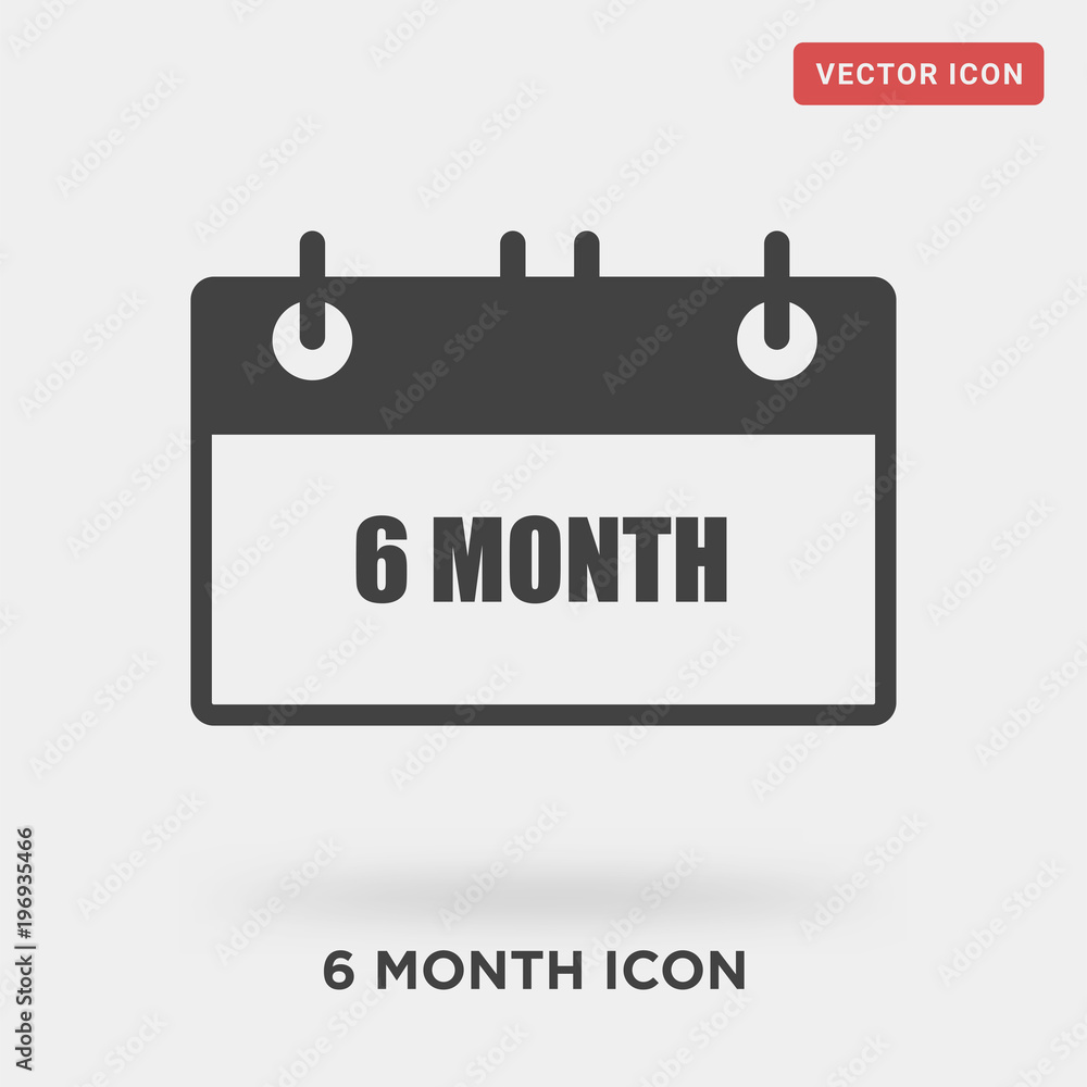 6 month icon on grey background, in black, vector icon illustration