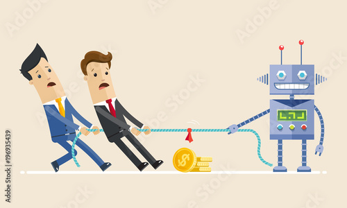 Two business man fighting with robot in the tug of war competition. Artificial intelligence and employees. Vector Illustration.