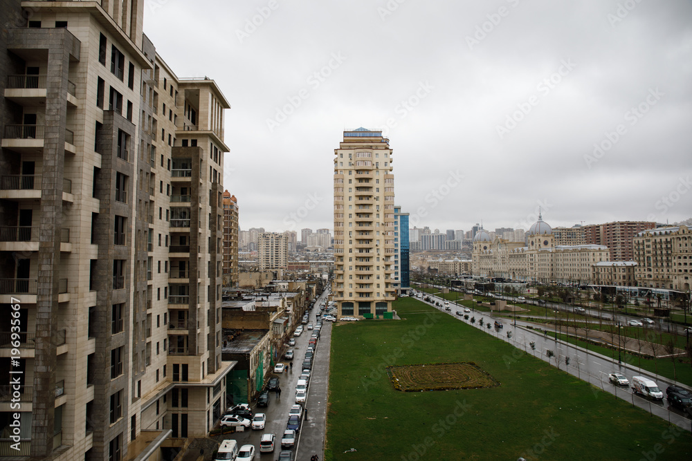 Panoramic view of Baku. Cloudy sky. Downtown. Capital of Azerbaijan