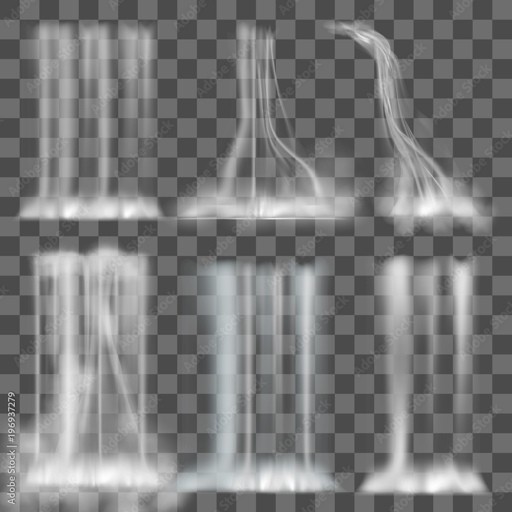 Set of realistic nature waterfalls with fog on transparent background ...