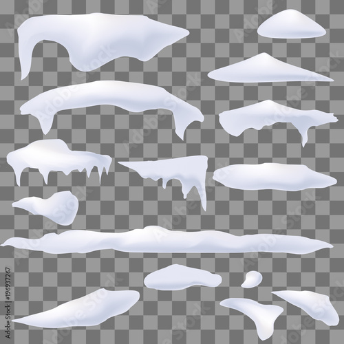 Set of white snow caps and ice vector frame. Isolated on transparent background. Vector illustration, eps 10. 