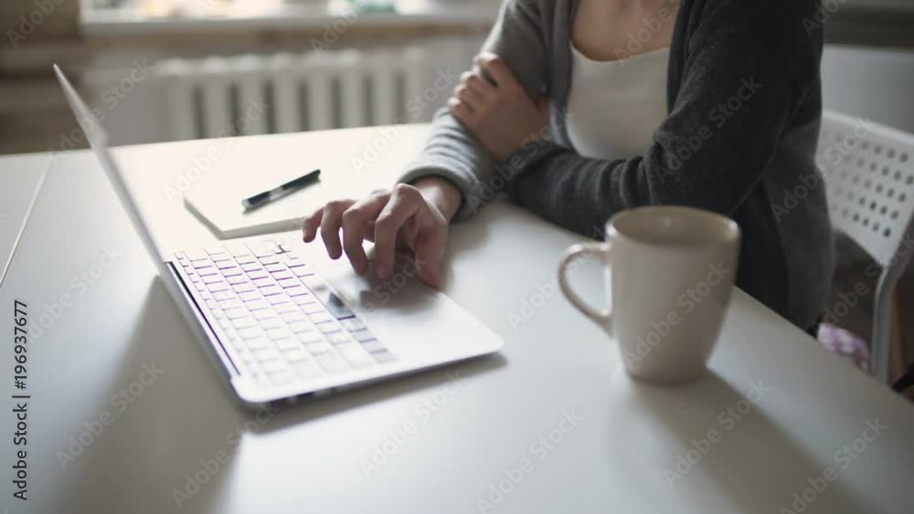 Female hands using keyboard notebook at table. Close up woman hands using laptop sitting at table. Modern woman working on notebook in home Female hands using keyboard notebook at table. Close up woman hands using laptop sitting at table. Modern woman working on notebook in home