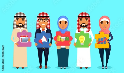 The concept of teamwork. A group of businessmen stand with puzzles in their hands. The Arabs by nationality. Icons on the theme of business. In a flat style on blue background. Cartoon.