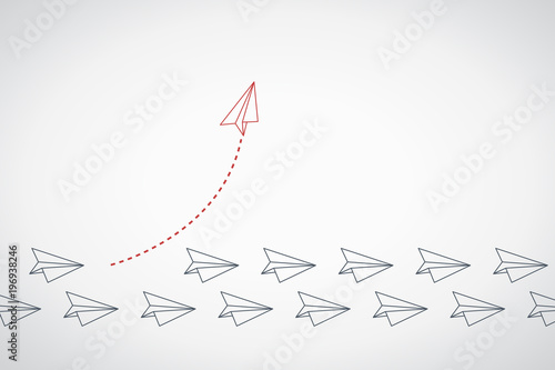 Think differently concept. Red airplane changing direction. Vector illustration