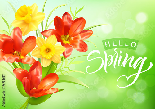 Romantic background with spring flowers bouquet and greeting. Vector illustration.
