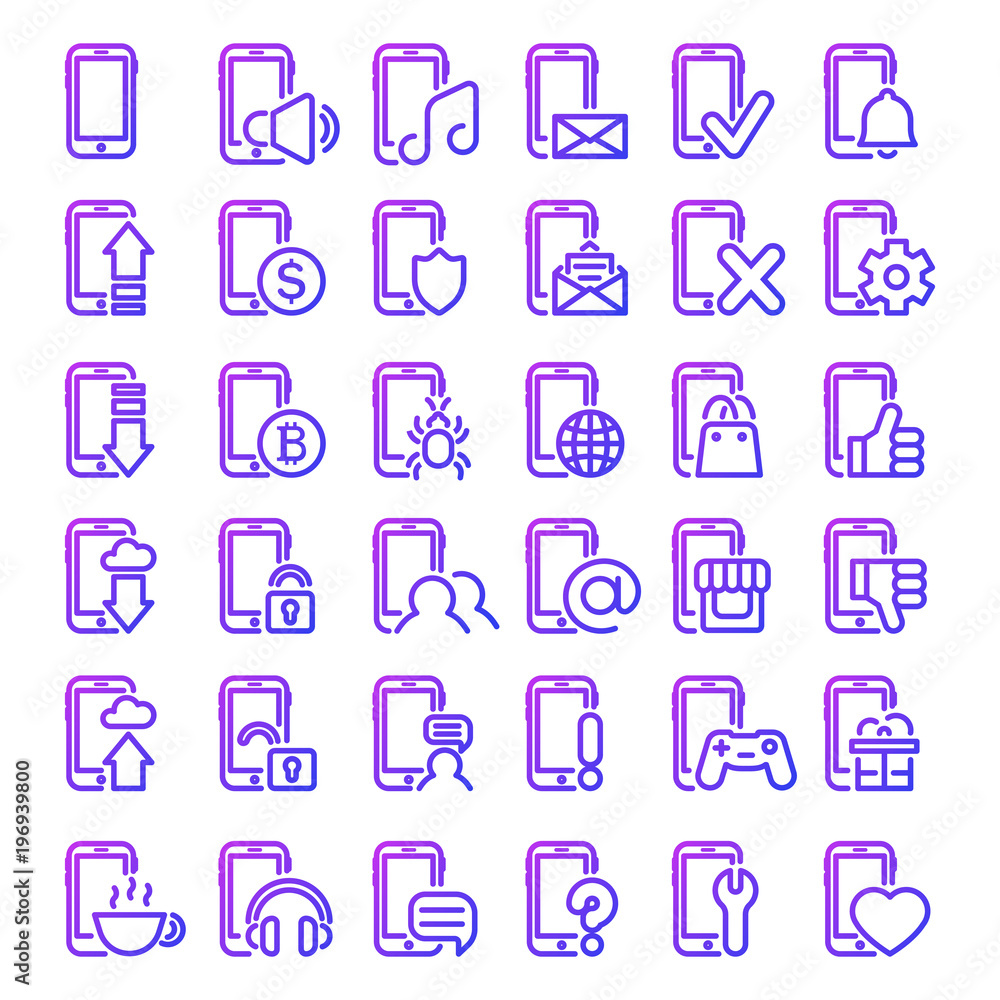 Set purple icon different smartphone with internet and media icon Set purple icon different smartphone with internet and media icon