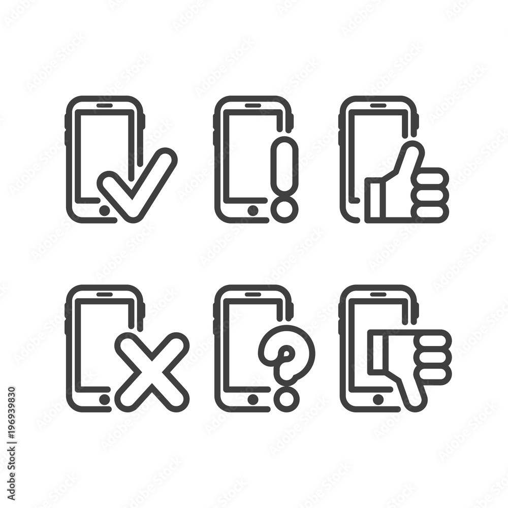 Set icon different smartphone with like and mark icon Set icon different smartphone with like and mark icon