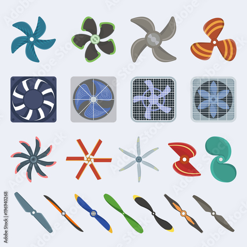 Propellers fan vector icons isolated object boat and plane equipment propeller fan icons cool ventilation ship symbol retro cooler boat equipment. Ventilator symbol wind equipment propeller fan icons