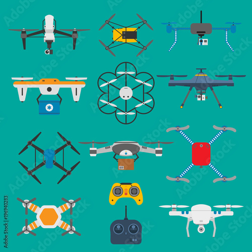 Vehicle drone quadcopter surveillance unmanned innovation. Air drone hovering wireless vehicle vector. Remote control drone quadcopter set aircraft fly aerial camera Vector illustration