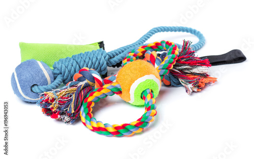 Dog toy - colorful cotton rope for games, isolated on white background with copy space