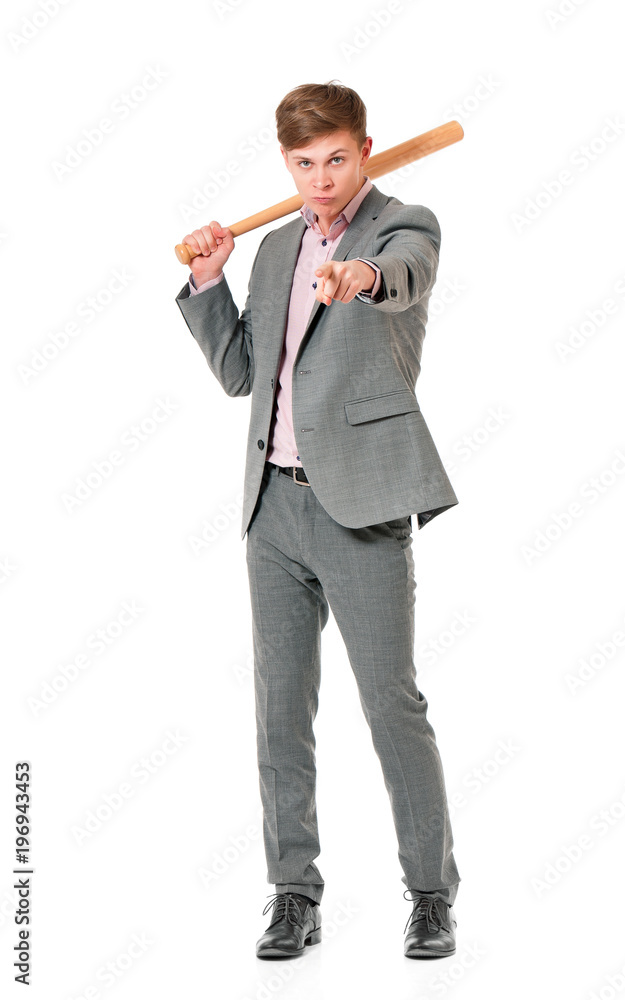 Anger man in suit with wooden baseball bat. Guy standing and pointing at  camera choosing you - full length portrait, isolated on white background.  Stock Photo | Adobe Stock