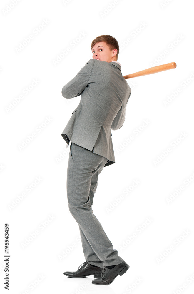 Anger man in suit with wooden baseball bat. Guy standing full length  portrait, isolated on white background. Stock Photo | Adobe Stock