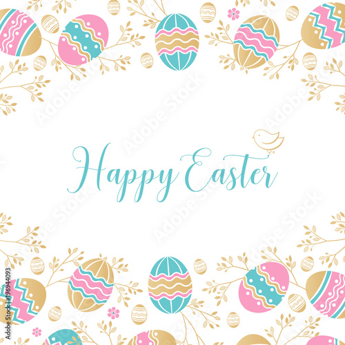 Happy Easter - greeting card. Unique design with branches and Golden Easter eggs. Vector illustration in modern style