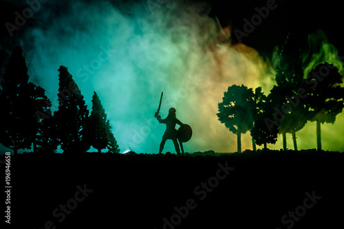Medieval battle scene with cavalry and infantry. Silhouettes of figures as separate objects, fight between warriors on dark toned foggy background. Night scene. © zef art
