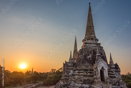 Sunset over Wat Phra Si Sanphet temple in Ayutthaya