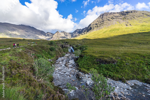Landscape with River Brittle descending from Fairy Pools and Cuillin mountains, Isle of Skye, Scotland, Britain