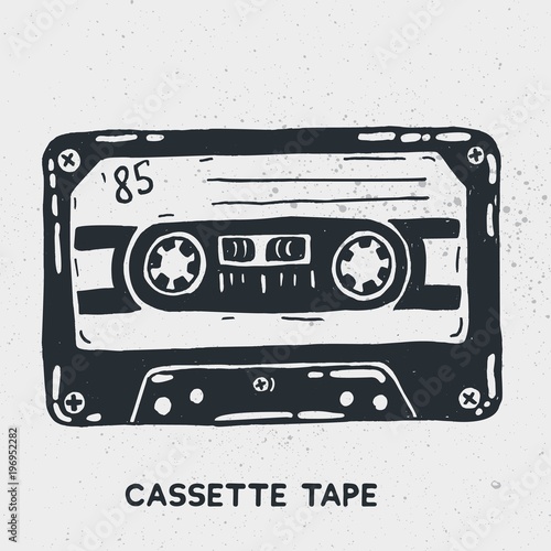 Hand drawn ink illustration of vintage music cassette tape. Vector illustration