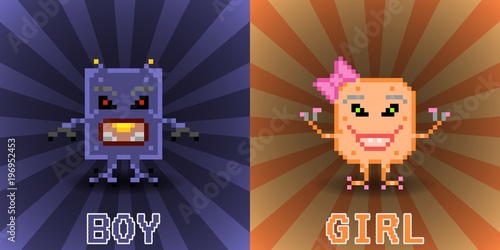 Pixel monster with big eye on white background, vector illustration.