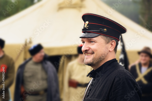 Soldier-anarchist in black uniform during Russian civil war
