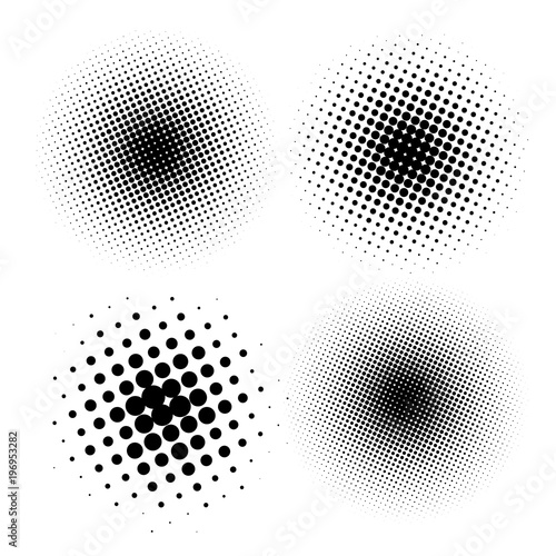 Set of halftone dots vector circle shapes. Abstract dotted stippling shapes. Monochrome halftone gradient circle set.