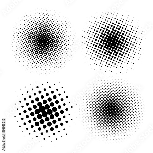 Set of halftone dots vector circle shapes. Abstract dotted stippling shapes. Monochrome halftone gradient circle set.