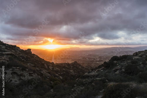 Winter storm clouds with sunset above Simi Valley in Ventura County near Los Angeles California. 