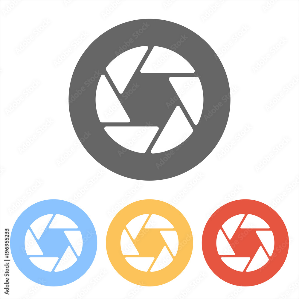 camera objective. simple silhouette. Set of white icons on color camera objective. simple silhouette. Set of white icons on color