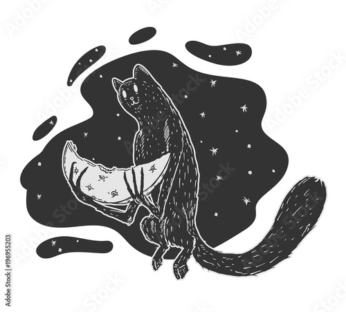 Weird cute cat demon eating moon slice. Tattoo doodle